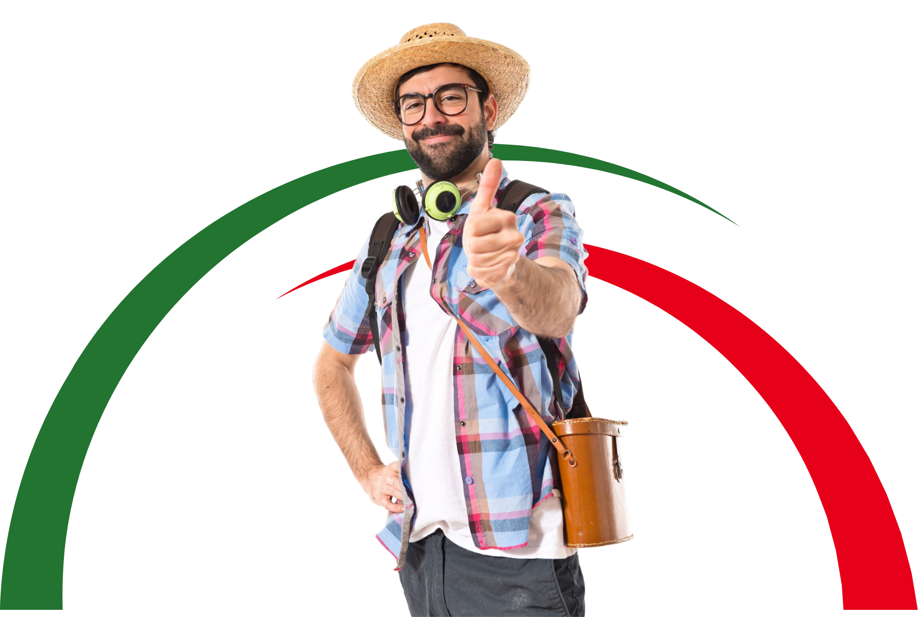 Smiling traveler with UAE flag arcs